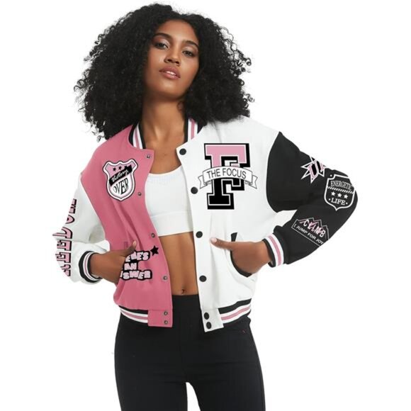 Flygo Women's Cropped Varsity Jacket Baseball Jacket Colorblock Letter Print - Picture 1 of 6